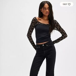 Free People Floral Lace Y2K Square Neck Top Black XS Romantic Boho Blouse
